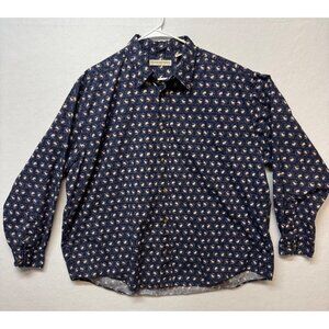Munsingwear Vintage Navy Button-Down Shirt Fishing Pattern Men’s 2XL 100% Cotton